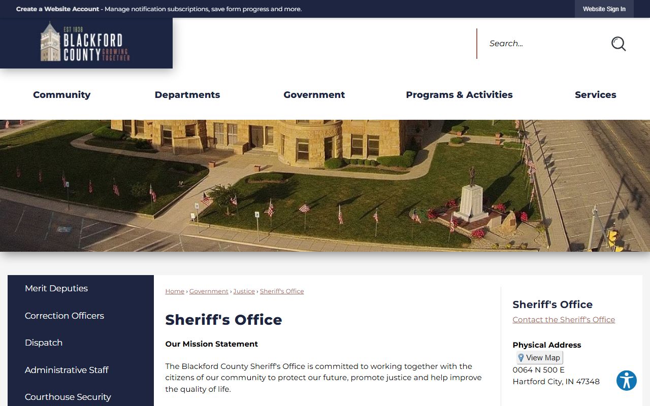 Blackford County Sheriff's Office page for inmate population contact information